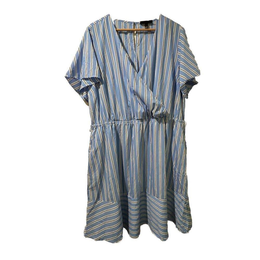 Lane Bryant Sz 22 Faux Wrap Dress Blue Striped Flirty Midi Flowy Short Sleeves